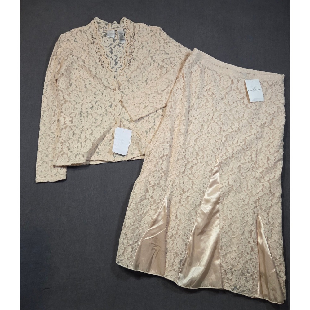 Y2k Emma James Skirt Set Womens Medium Cream Lace Beaded Cardigan Skirt NWT